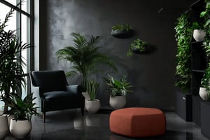 Moderni oleskelutila, jossa on musta nojatuoli, oranssi rahi sekä vehreitä viherkasveja ruukuissa ja seinään kiinnitetyissä istutusastioissa.