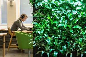 student sits in a library with headphones on behind a green wall